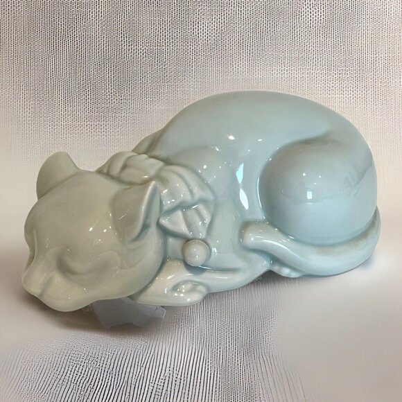Vintage Nemuri Neko Okimono Sleeping Cat Figurine Celadon Green Lucky Large 9"